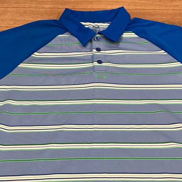 Oakley Large Regular Fit Blue White Stripe Short Sleeve Performance Golf Polo - Picture 1 of 8